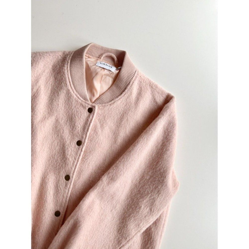 GANNI Inglewood Rose Smoke Pink Furry Wool Blend Varsity Bomber Jacket, Size L - Picture 8 of 15